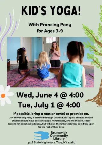 Image of children doing yoga. Text: Kid's Yoga! with Prancing Pony for Ages 3-9