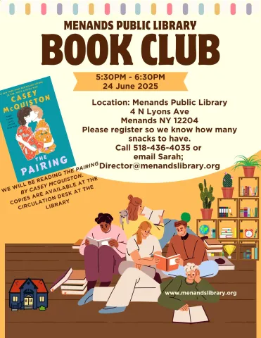 This is a flyer explaining that the June Book Club book is The Pairing by Casey McQuiston. It gives the meeting date, time and location, all of which are also found in the event listing.