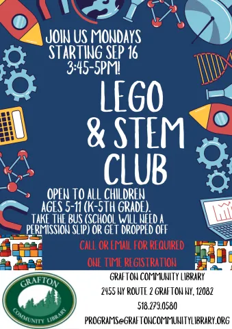 Join us on Mondays during the school year for Lego & STEM Club! Open to all children K-5th Grade. Children can either take the bus (the school will need a permission slip) or be dropped off by a parent. One-time registration required by calling or emailing.