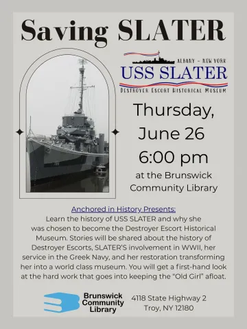Saving Slater Image of ship and Text: Thursday, June 26  6:00 pm at the Brunswick Community Library