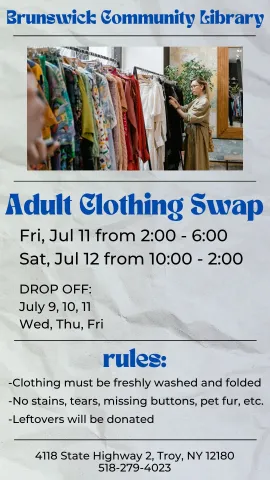 Clothing swap flyer with image of clothing racks. 