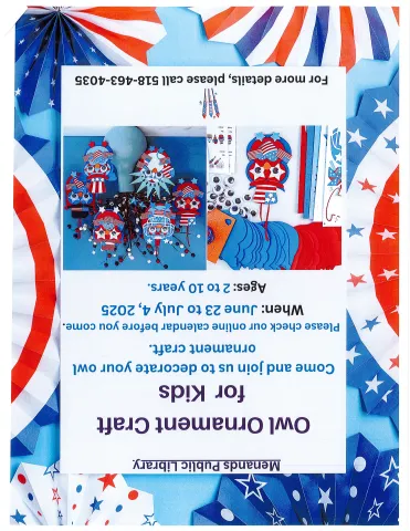 Flyer for the Menands Public Library’s Owl Ornament Craft for Kids. See More Info Below