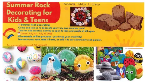 Flyer for the Menands Public Library’s Summer Rock Decorating for Kids & Teens. See More Info Below