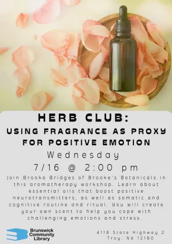 This image is an advertisement for an aromatherapy workshop called "HERB CLUB: USING FRAGRANCE AS PROXY FOR POSITIVE EMOTION."