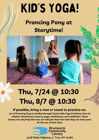 Kids yoga event flyer with image of children practicing yoga