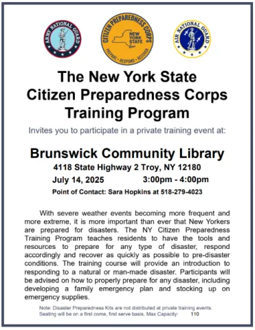 The image shows a flyer for the New York State Citizen Preparedness Corps Training Program, a private training event held at the Brunswick Community Library. 