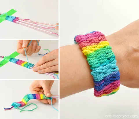 Four images of the process of straw weaving. Final picture of bracelet on wrist