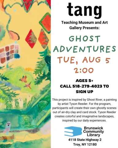 Ghost Adventures event flyer with painting on side featuring small ghosts in colorful abstract landscape