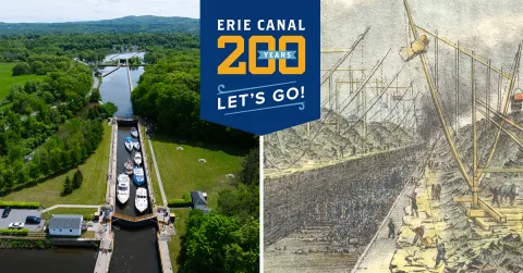 Boats at a lock on Erie Canal. Drawing of construction of Canal. Blue banner with 200 years