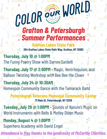 Schedule of Grafton Community Library's Summer Reading Program Performances at Grafton Lakes State Park and Petersburgh Veterans Memorial Community Center