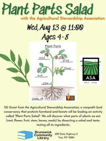 Flyer with image of tomato plant which has the leaves, stem, fruit, and flowers labeled. 