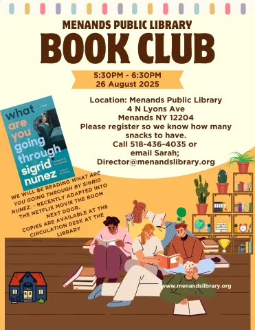 Flyer for the Menands Public Library’s Adult Book Club. See More Info Below