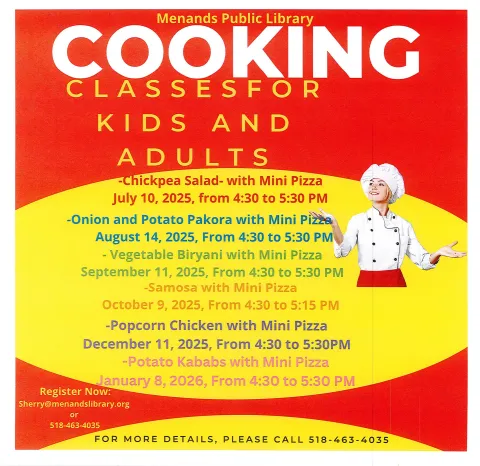 Flyer for the Menands Public Library’s Cooking Class through January 2026. See More Info Below