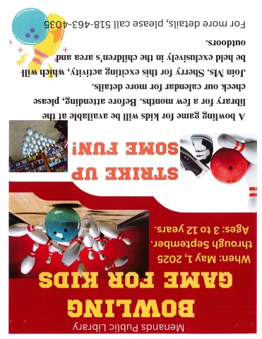 Flyer for Bowling at the Menands Public Library. See More Info Below