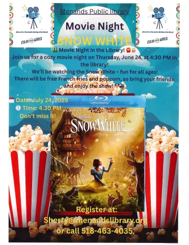 Flyer for the Menands Public Library’s family friendly movie night. See More Info Below