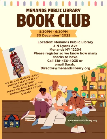 Flyer for the Menands Public Library’s Adult Book Club. See More Info Below
