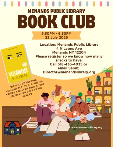 Flyer for the Menands Public Library’s Adult Book Club. See More Info Below
