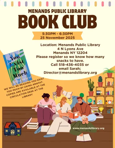 Flyer for the Menands Public Library’s Adult Book Club. See More Info Below