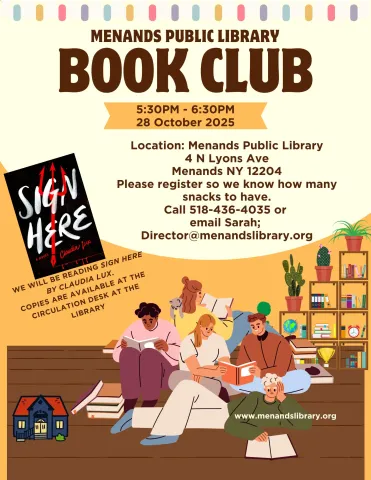Flyer for the Menands Public Library’s Adult Book Club. See More Info Below