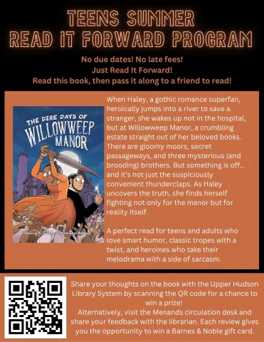 Flyer for the Menands Public Library’s Summer Teen Read it Forward Review Contest. See More Info Below.