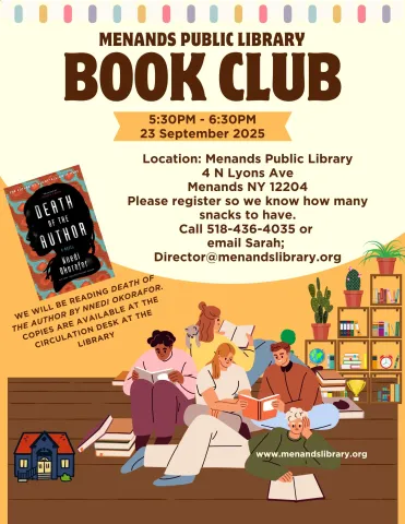 Flyer for the Menands Public Library’s Adult Book Club. See More Info Below