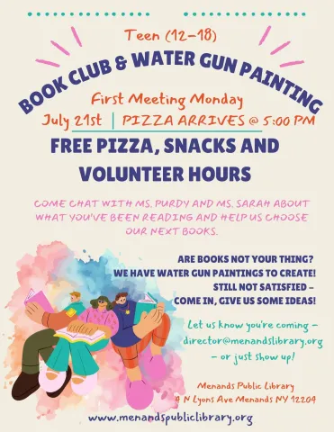 Flyer for the Menands Public Library’s Teen Book Club. See More Info Below