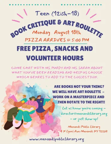 Flyer for the Menands Public Library’s Teen Night on August 18th. See More Info Below