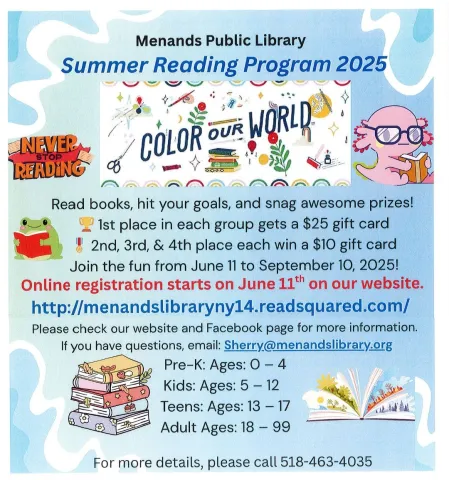 Flyer for the Menands Public Library’s Summer Reading Program. See More Info Below