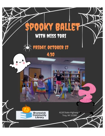 Image of children doing ballet with clipart of ghost and spiders