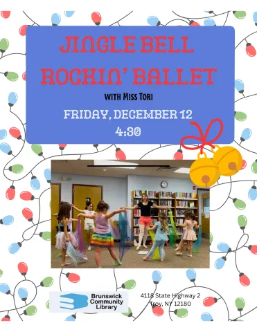 Photo of children dancing with clipart of jingle bells and holiday lights