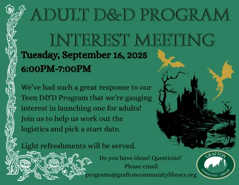 Adult D&D Program Interest Meeting September 16 at 6PM
