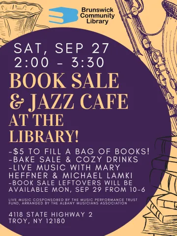 Book Sale and Jazz Cafe Flyer with name and date text and background images of saxophone and teacup.