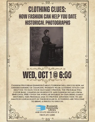Flyer with historical image of woman in dress