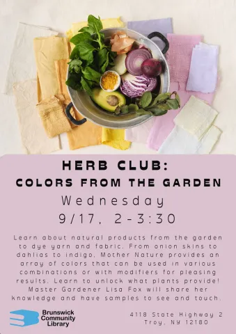 Flyer shows image of vibrantly colored plants and produce in bowl with naturally dyed fabrics around them. 