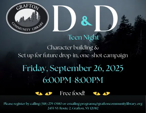 D&D Teen Night will take place on September 26 starting at 6PM. This will be a set up and character building session for our next campaign that starts in October.