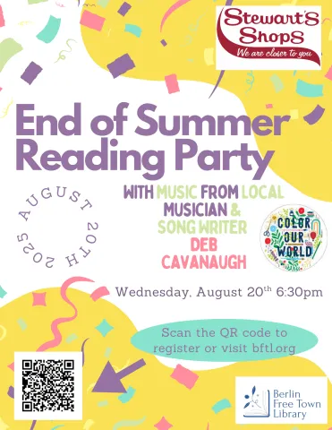 End of Summer Reading Program Party, August 20th at 6:30 p.m.
