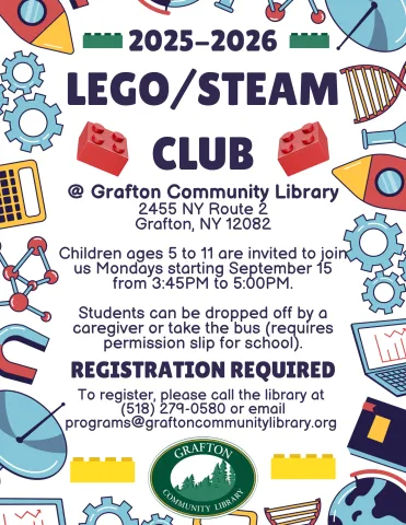 Lego Club starts Monday, September 15 and continues every Monday throughout the school year from 3:45PM-5PM