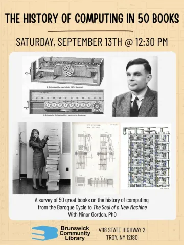 Flyer with image of old computing diagrams and portraits of a male and female working in coding