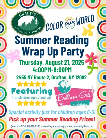 Summer Reading Program Wrap Up Party on Thursday, August 21, 4PM-6PM.