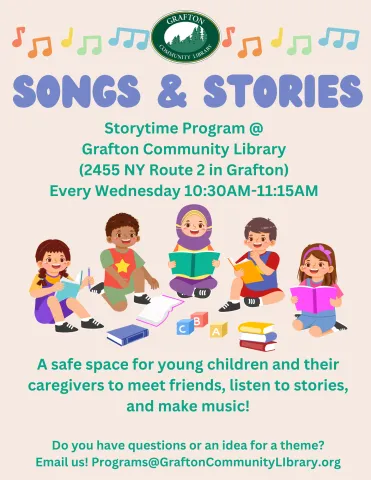 Songs & Stories storytime program every Wednesday at 10:30AM. Children of all ages and their caregivers are welcome!