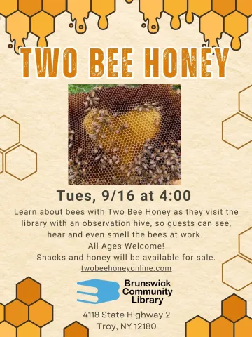 Two Bee Honey event flyer with image of bee hive shaped like a heart