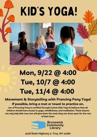 Kids yoga event flyer with image of children practicing yoga