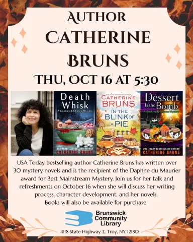 Author talk flyer show portrait of female author and three covers of her cozy mystery books