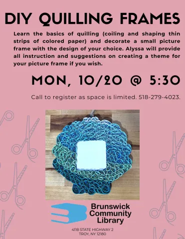 quilling flyer with photo of blue quilling frame shaped like a seashell