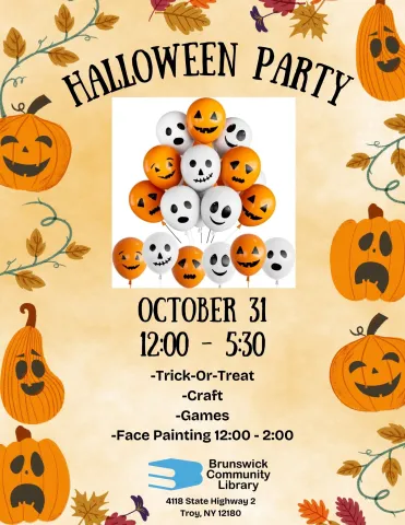 Halloween Party flyer with clipart of pumpkins and photo of ghost and pumpkin balloons