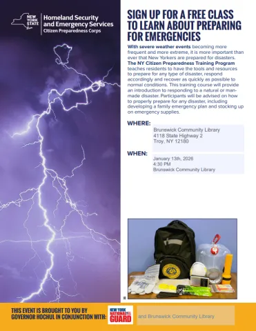 Flyer with photos of lightning bolt and emergency supply kit
