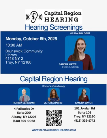 Hearing screening flyer with photos of audiologists