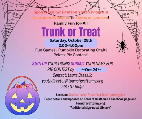 Trunk or Treat Saturday, October 25th from 2:00PM-4:00PM at Grafton Lakes State Park