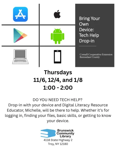 Tech help flyer with various phone and computer logos