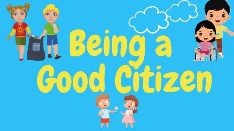 illustrations of children being good citizens on a blue background